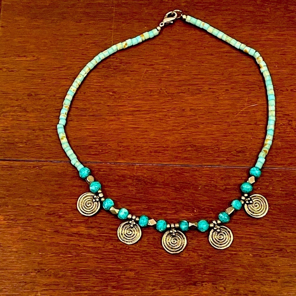 vintage Turquoise and Silver Beaded Necklace